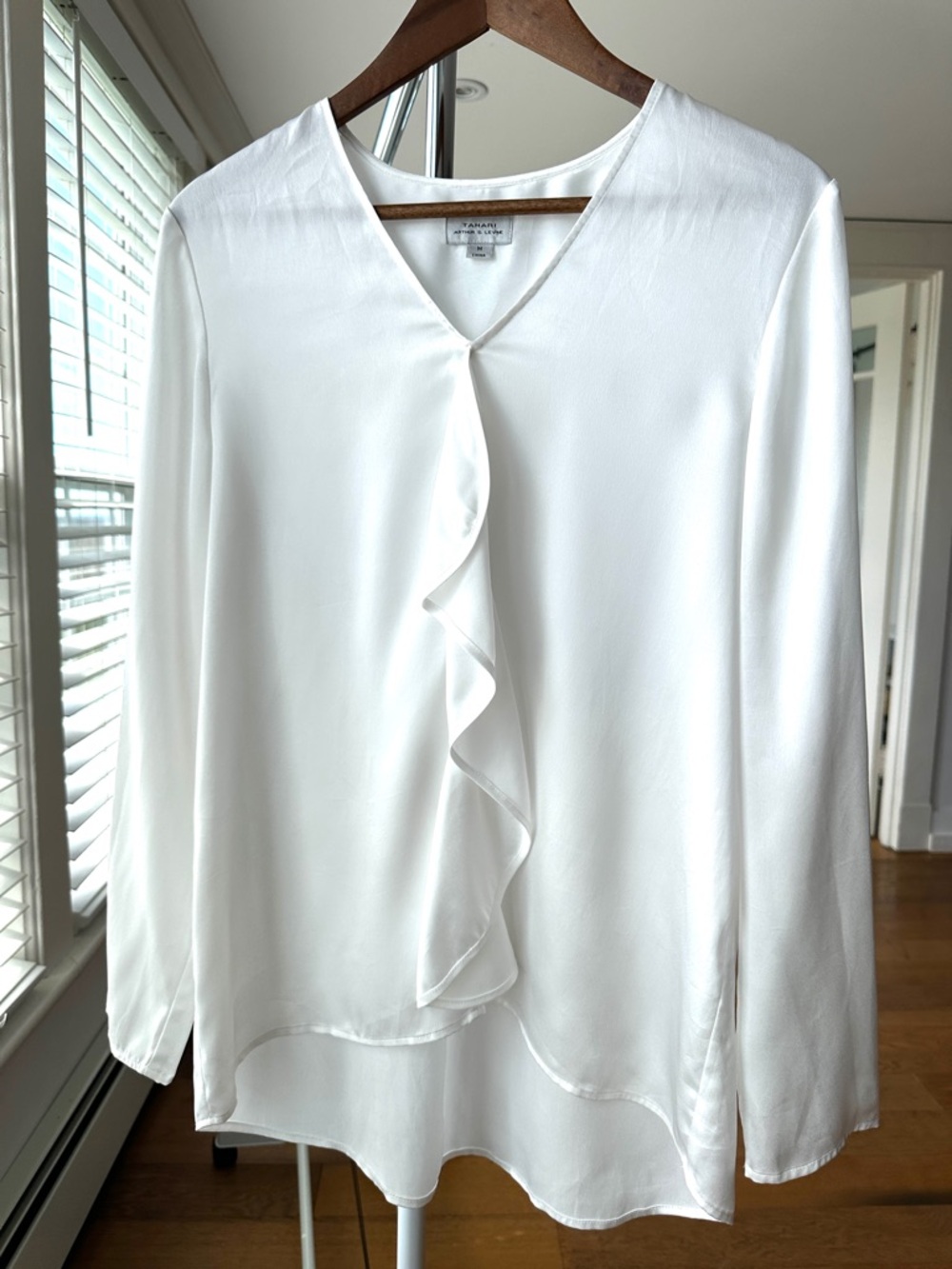 Tahari V-Neck Ruffle Detail Long Sleeve Blouse, White Satin - Picture 2 of 12